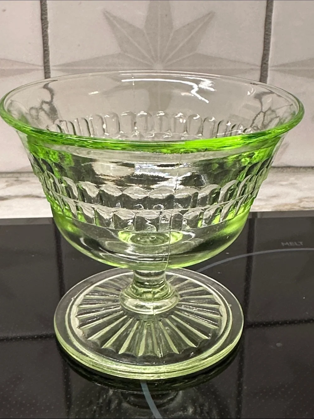 Anchor Hocking Roulette Green Glass Dessert Coupe - Uranium-Style pedestal dish